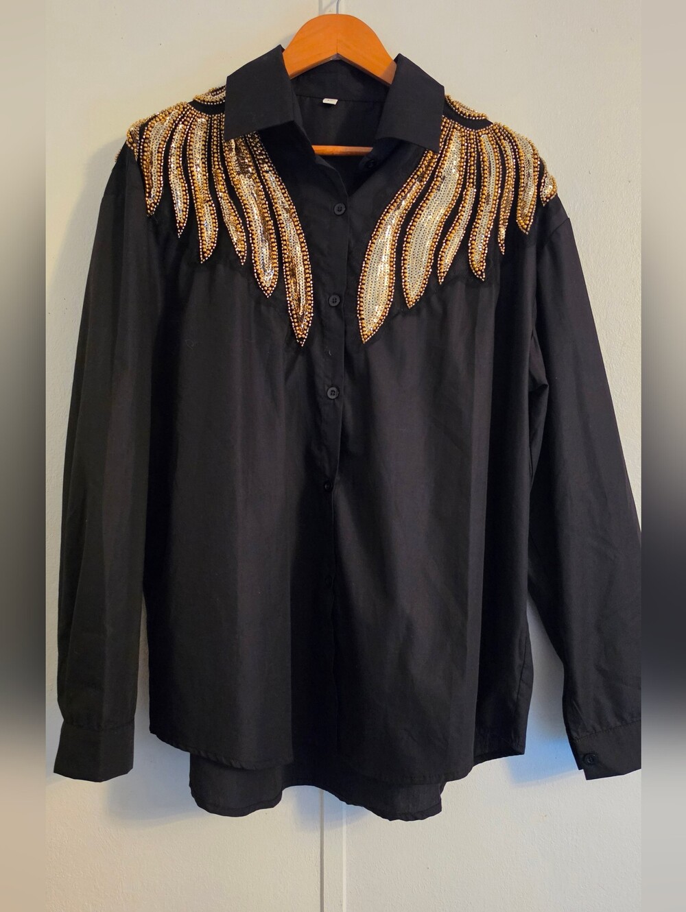 Black Button-Down Blouse with Gold Beaded Shoulder Embellishment